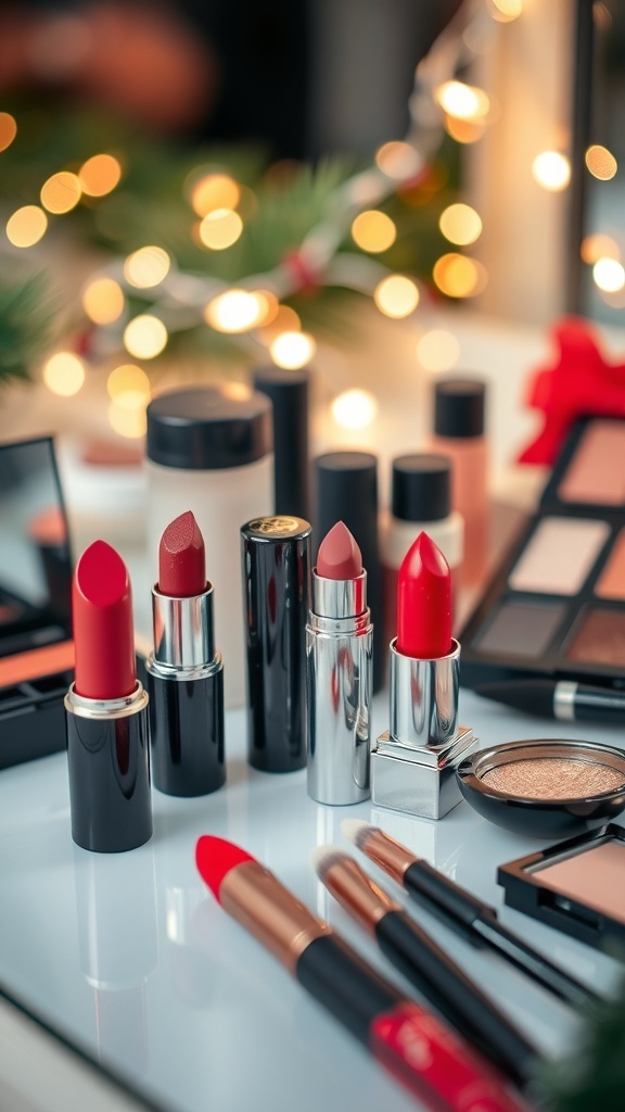 A collection of Christmas makeup products including red lipstick and glittery eyeshadows on a vanity with fairy lights.